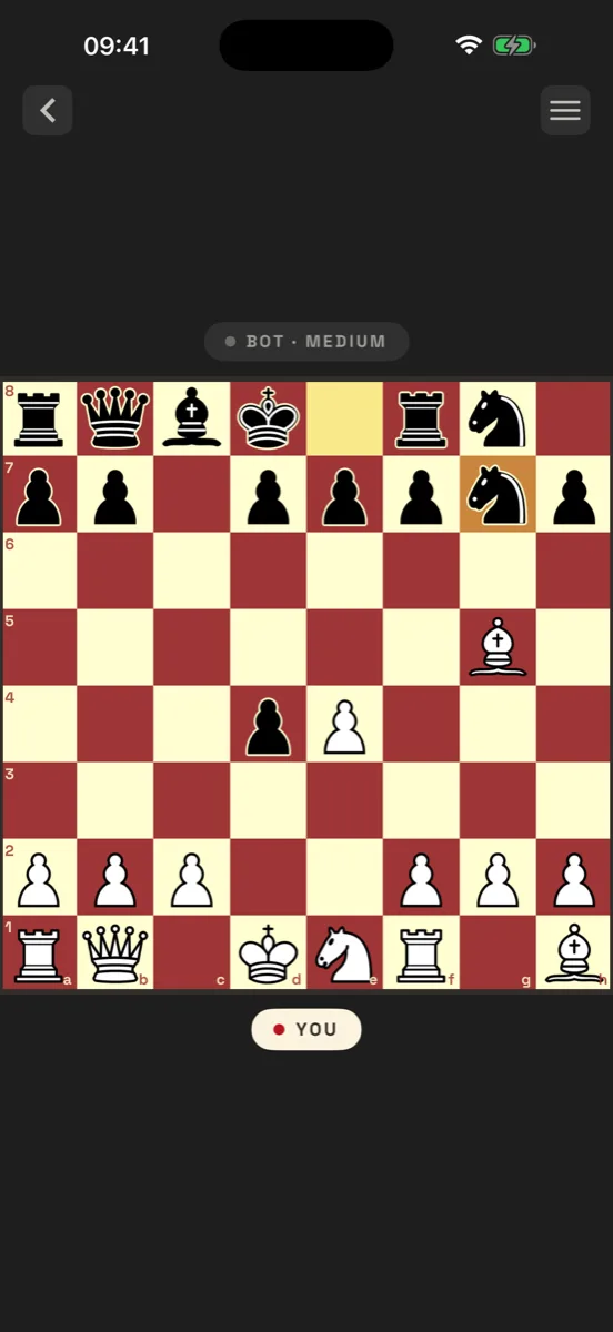A Chess960 game against the computer at Medium, on the Royal Red board
