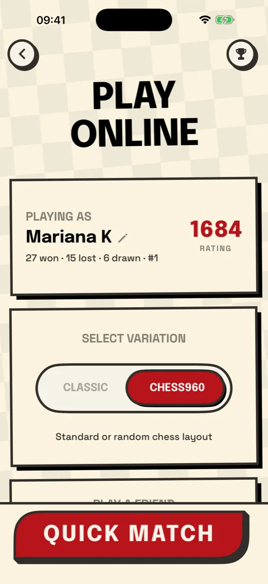 The app's online lobby, with your name, rating and Chess960 selected